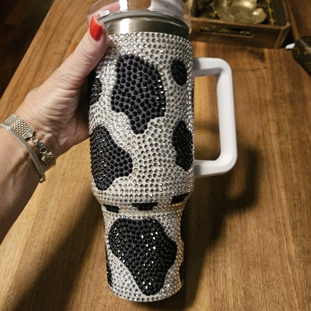 Cow Print Tmbler/ Large Cup W Lid. Black/ White Rhinestones.Bling
